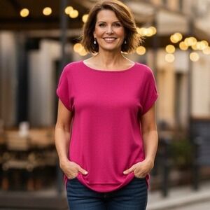 Talbots Classic Shirt Top Women Large Viscose Cotton Cap Sleeve Round Neck Pink